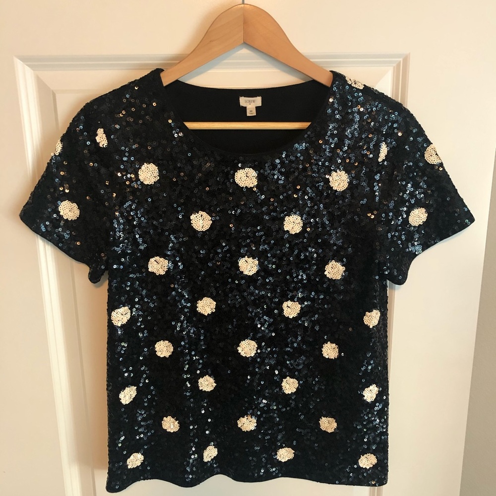 J. Crew navy and white sequin short sleeve blouse